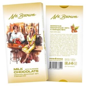 Mr.Brown – шоколад молочный с миндалем 100г в картонной упаковке, в блоке по 20 штук Вкусные подарки с логотипом Роспринтекс