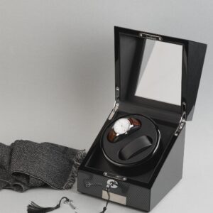 Шкатулка из дерева для часов с подзаводом, цвет черный с серым VIP - подарки с логотипом Роспринтекс